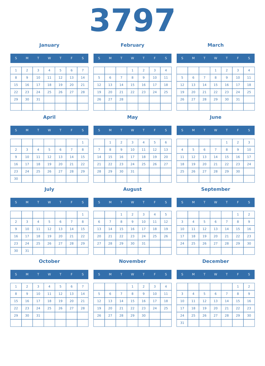 Printable 3797 Year Calendars blue