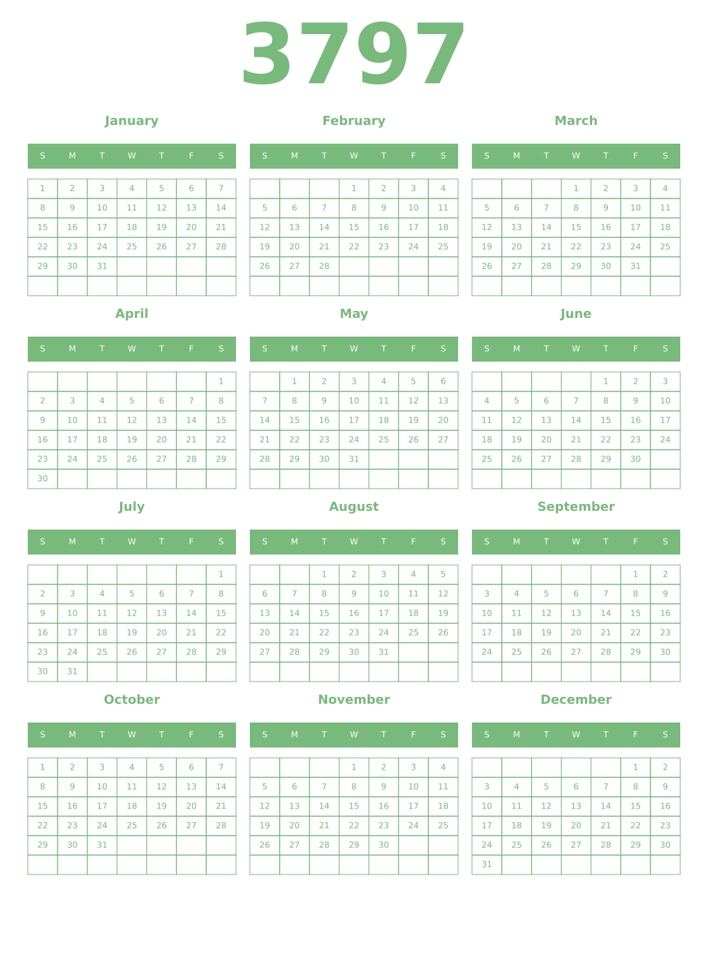 Printable 3797 Year Calendars celadon