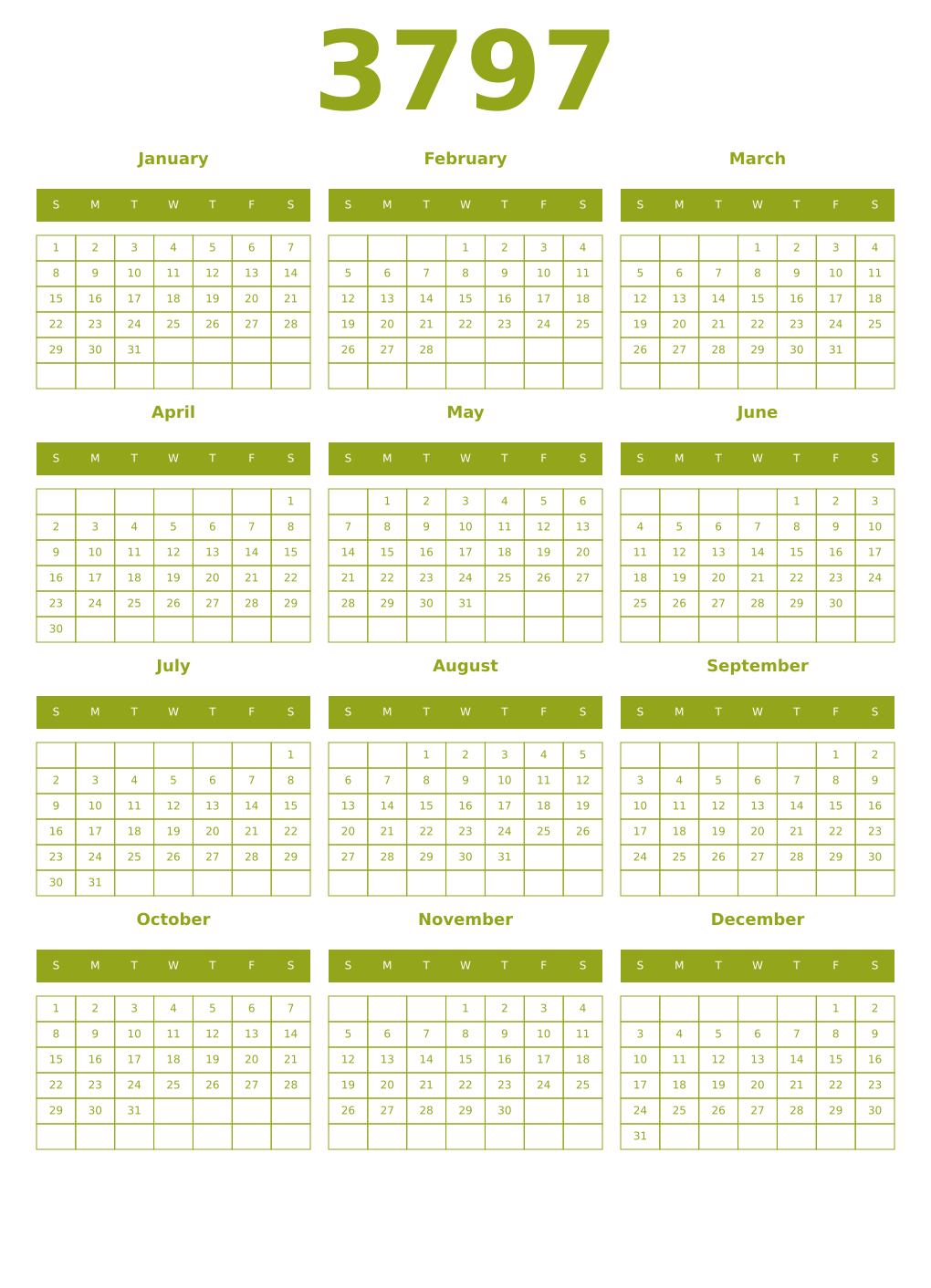Printable 3797 Year Calendars chartreuse