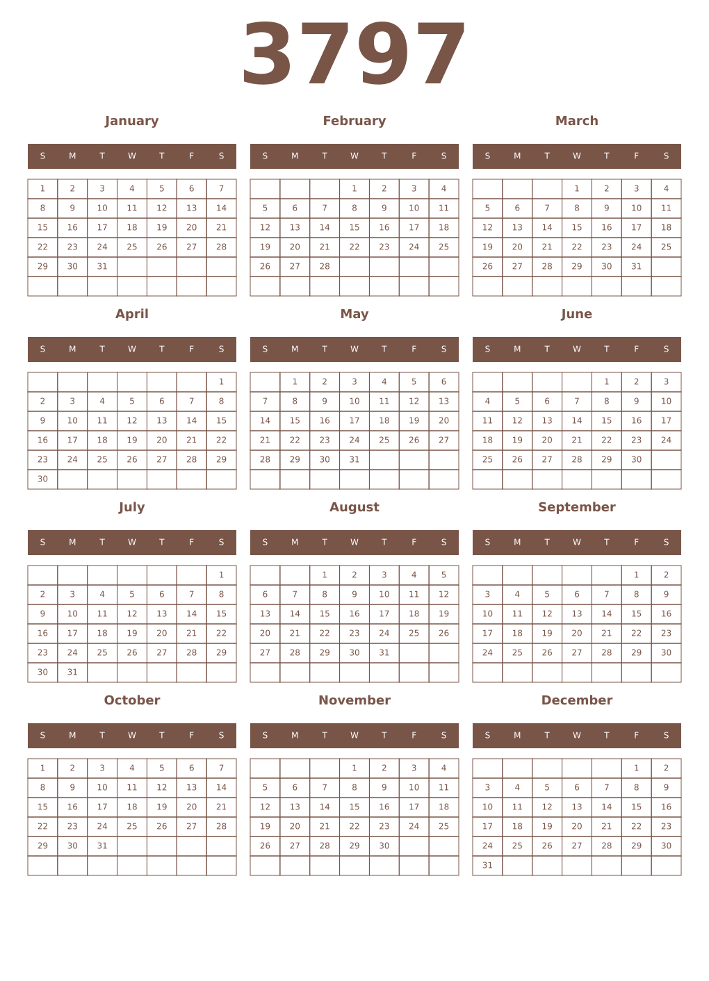 Printable 3797 Year Calendars coffe