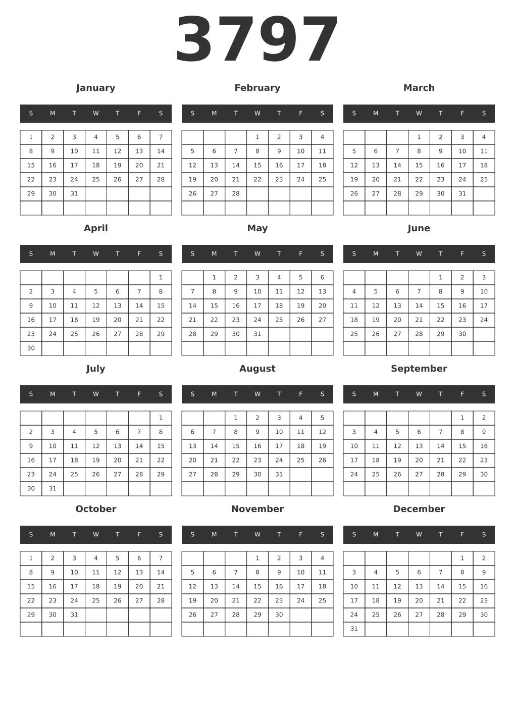 Printable 3797 Year Calendars dark