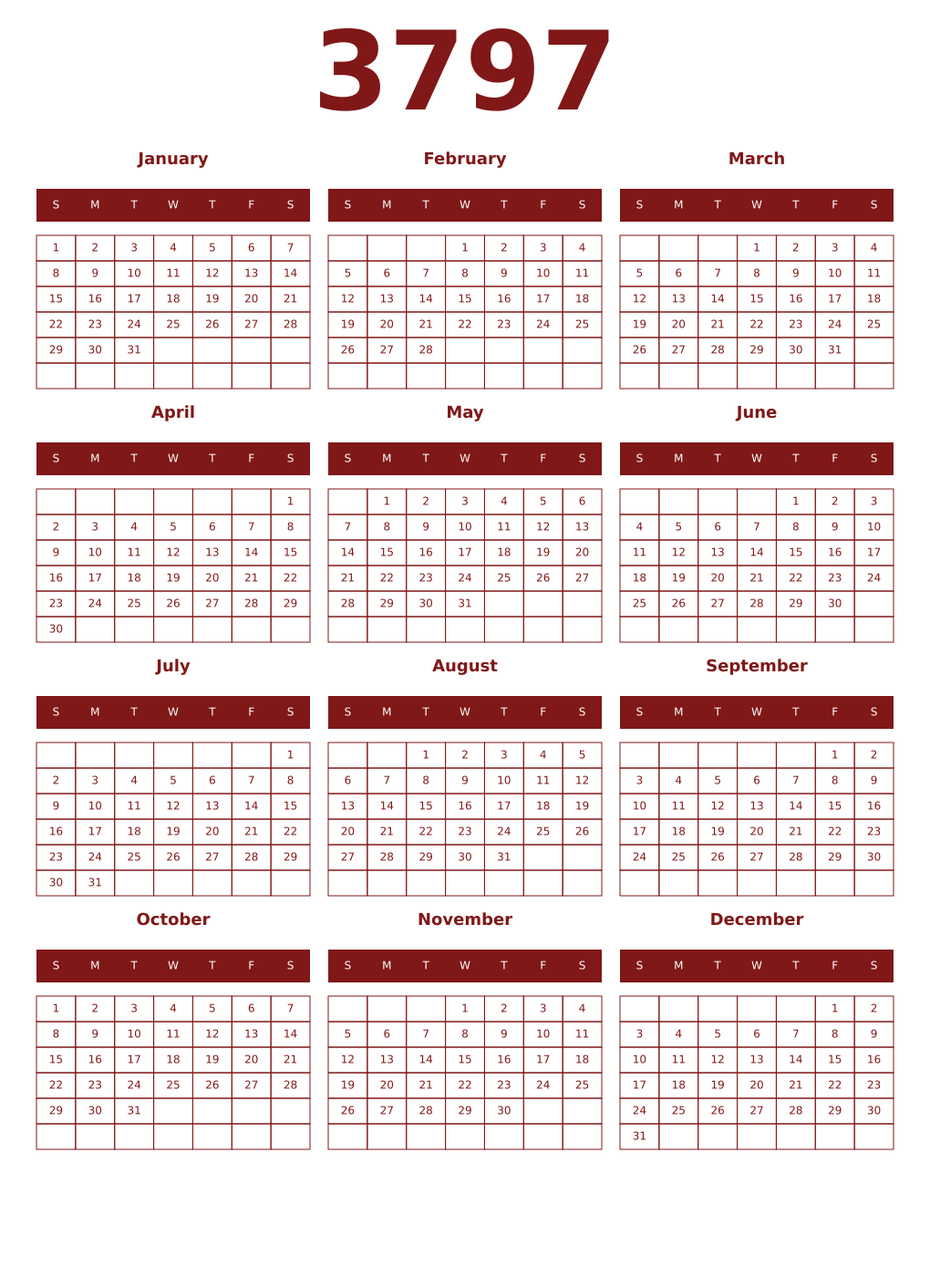 Printable 3797 Year Calendars falu