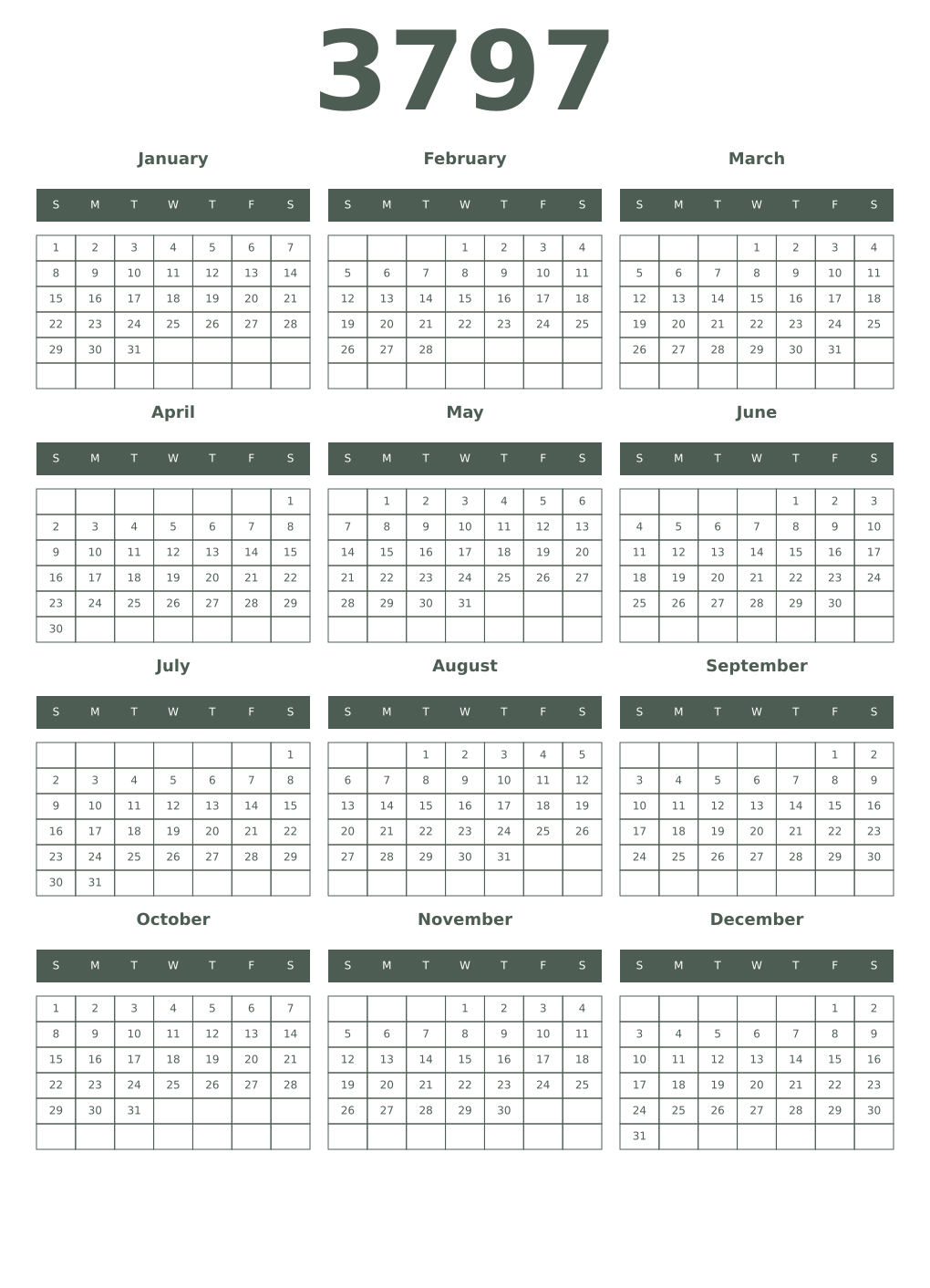 Printable 3797 Year Calendars feldgrau