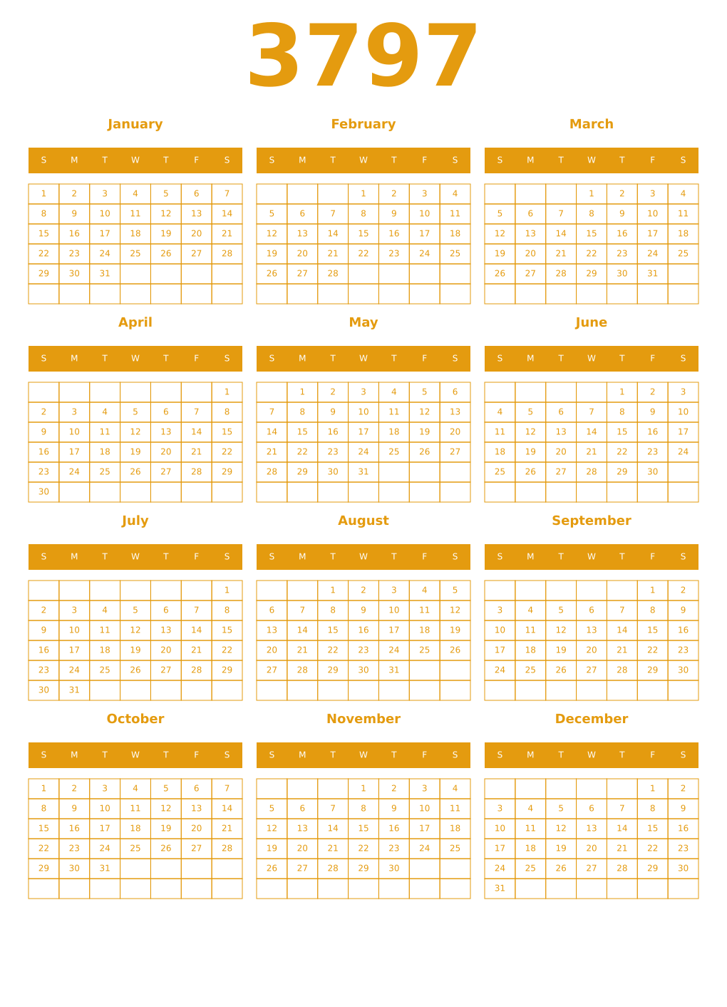 Printable 3797 Year Calendars gamboge