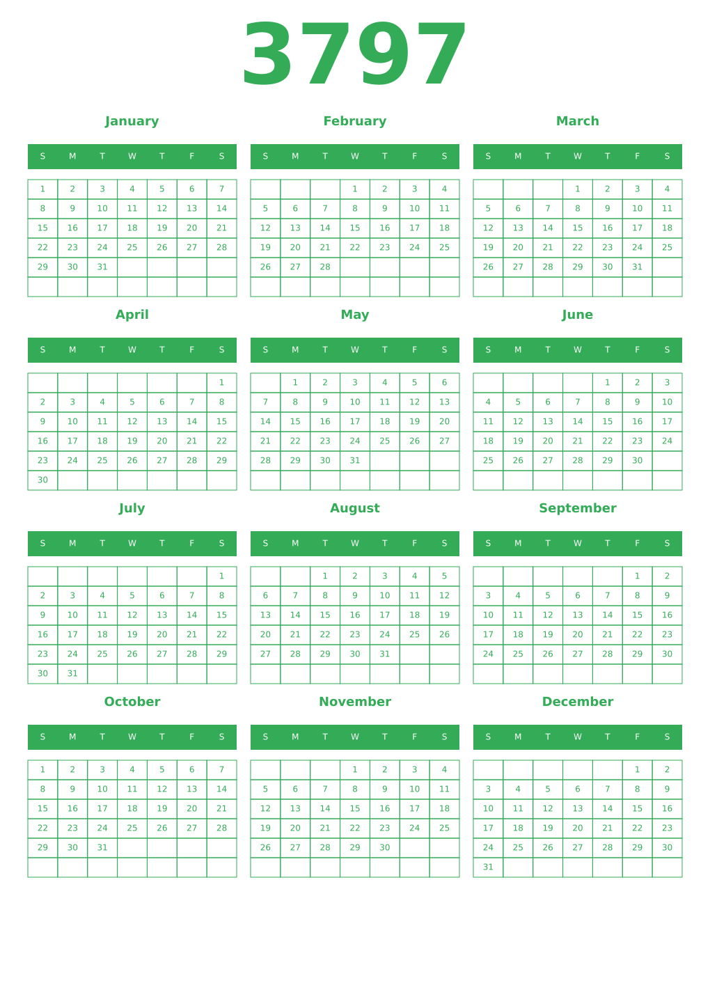 Printable 3797 Year Calendars green