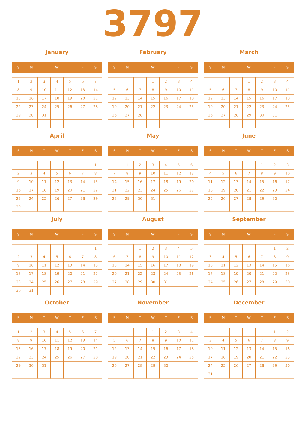 Printable 3797 Year Calendars orange