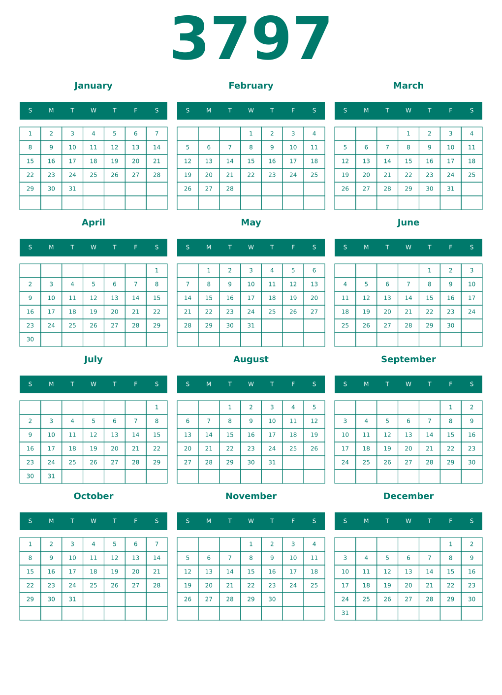 Printable 3797 Year Calendars pastel