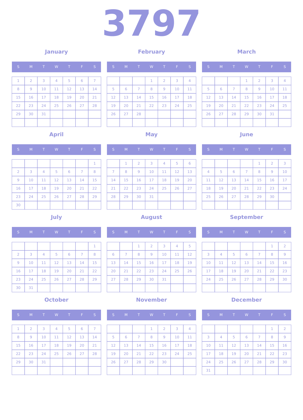 Printable 3797 Year Calendars periwinkle