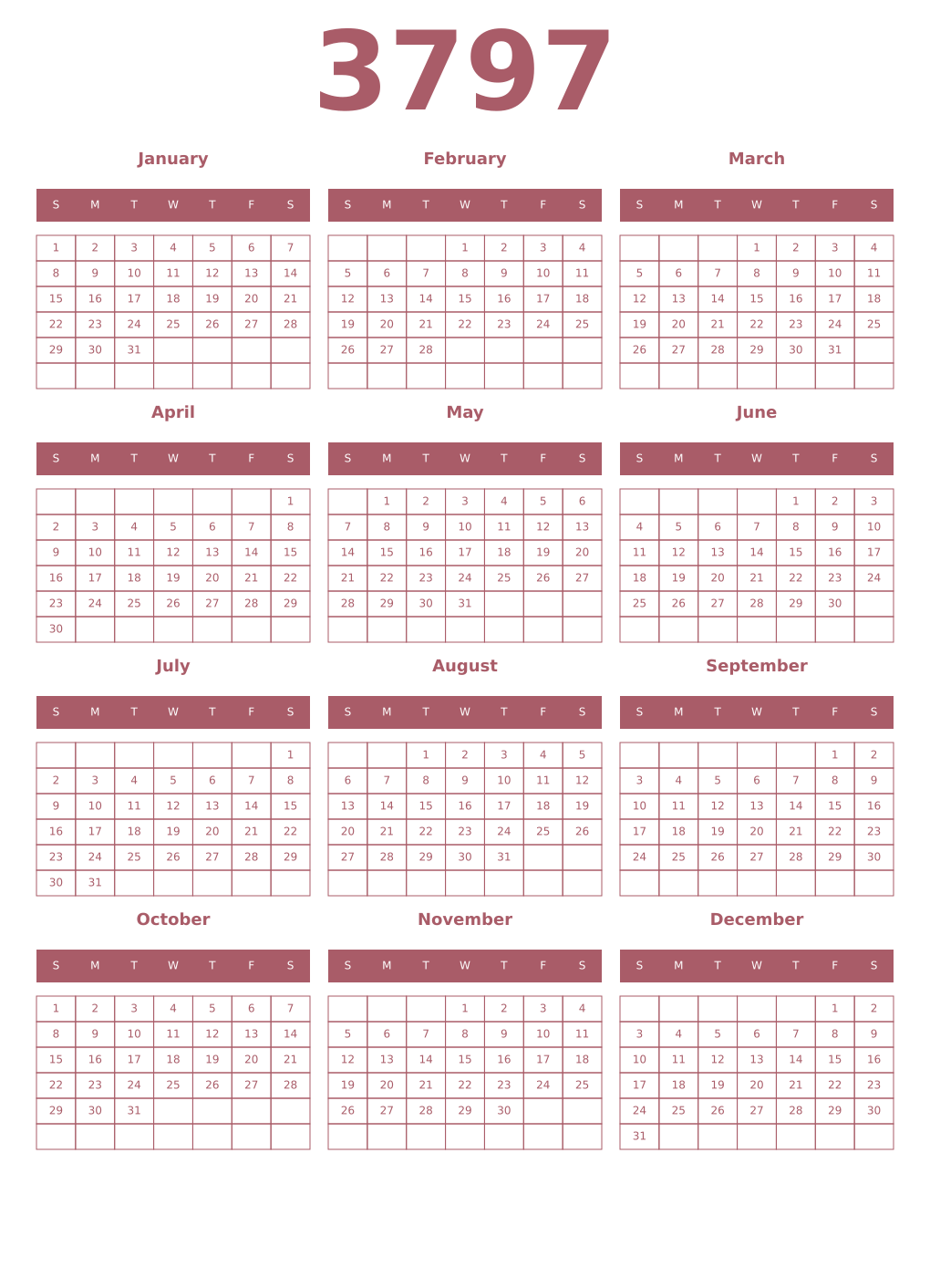 Printable 3797 Year Calendars puce