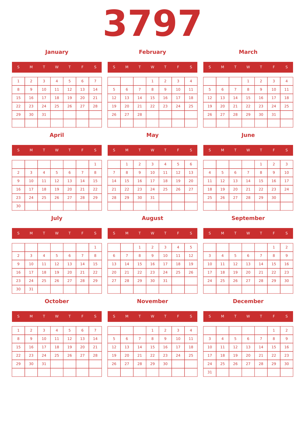 Printable 3797 Year Calendars red