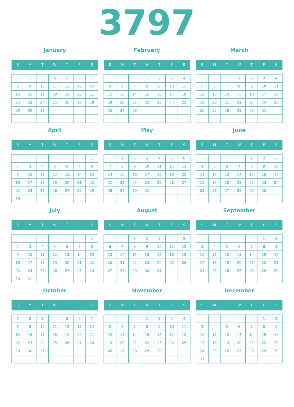 Printable 3797 Year Calendars verdigris