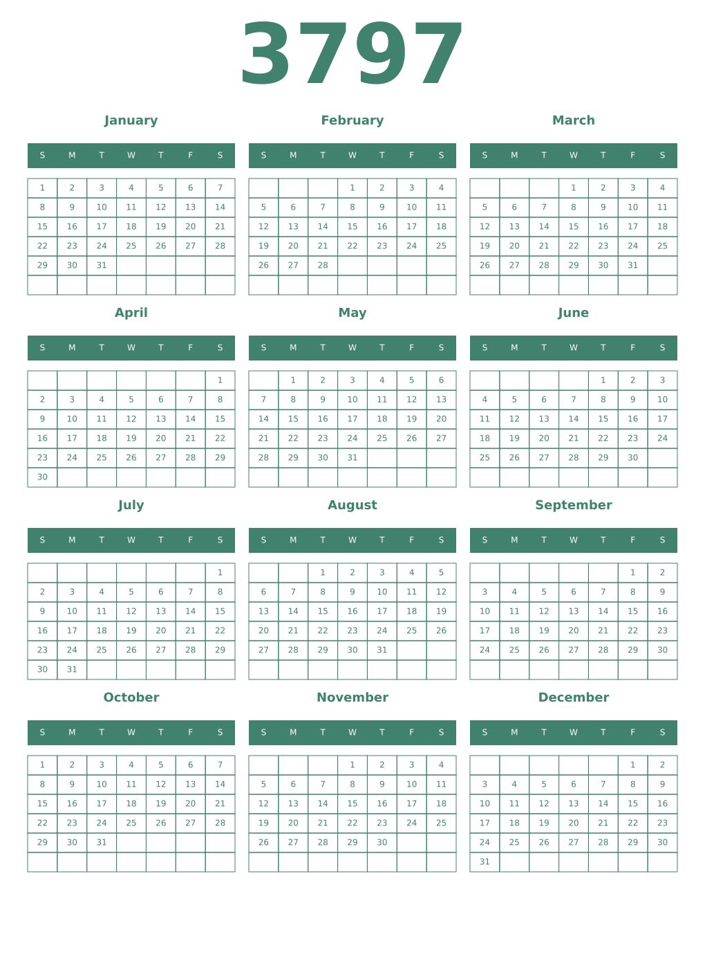 Printable 3797 Year Calendars viridian