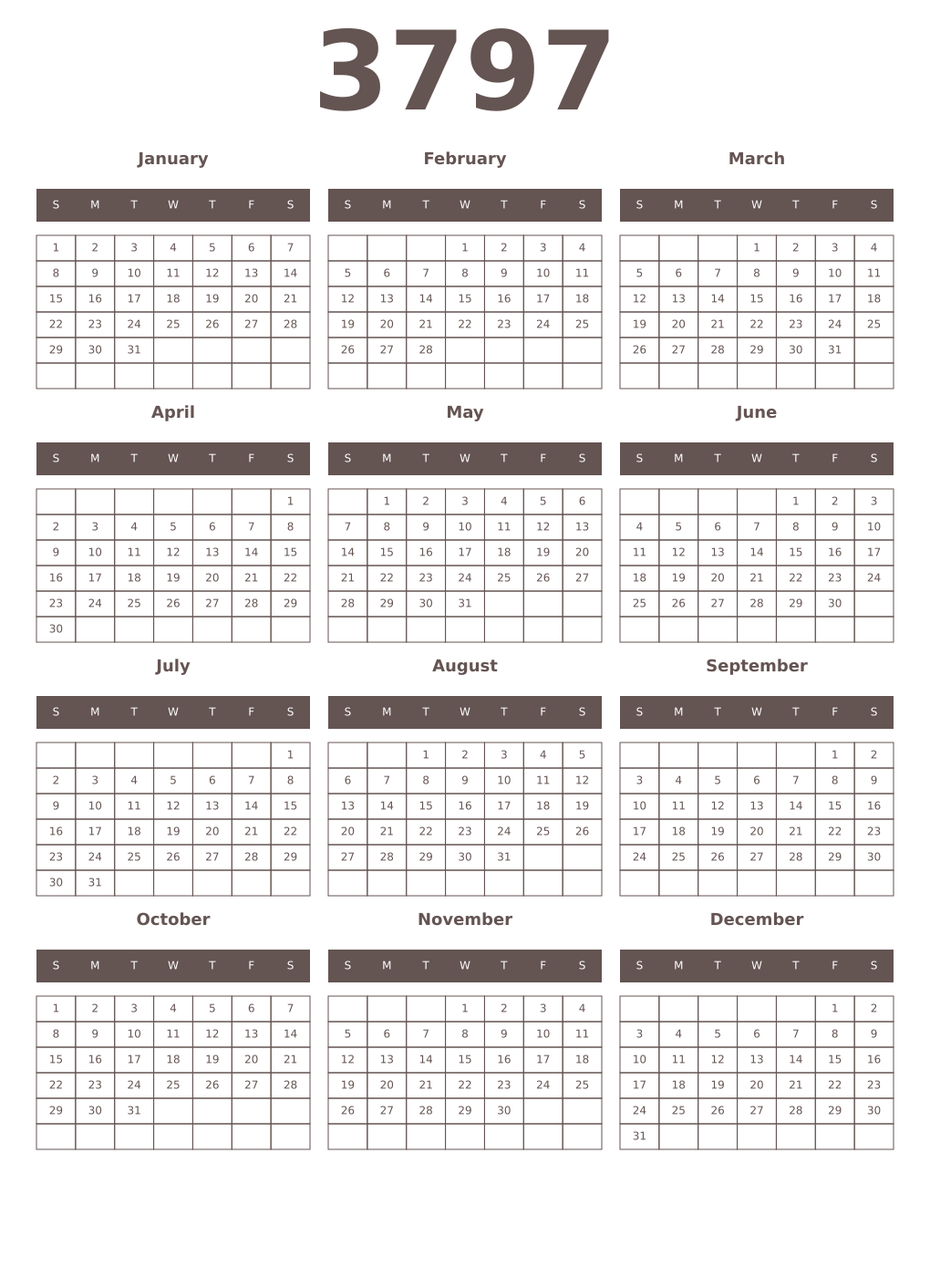 Printable 3797 Year Calendars wenge