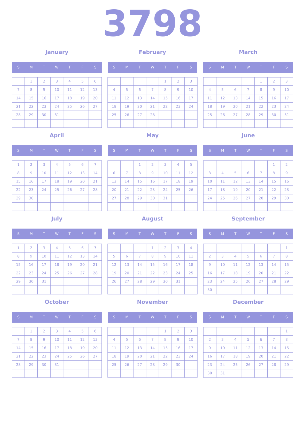 Printable 3798 Year Calendars periwinkle