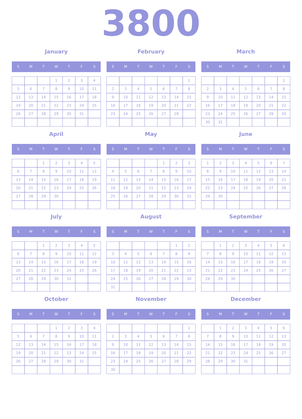 Printable 3800 Year Calendars periwinkle
