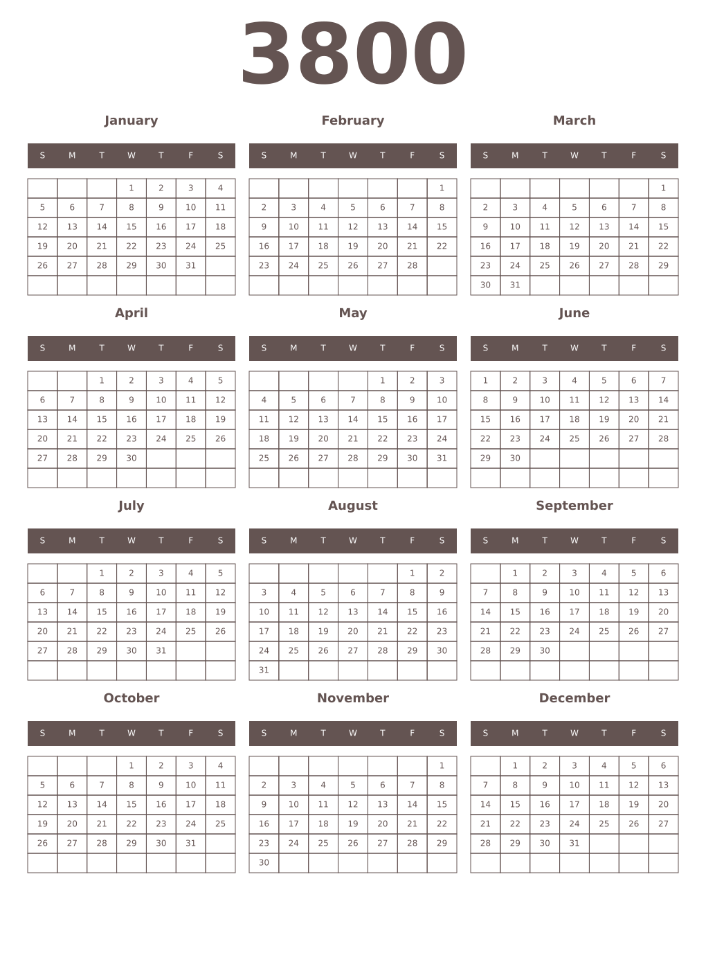Printable 3800 Year Calendars wenge