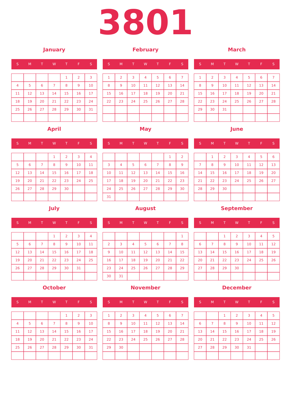 Printable 3801 Year Calendars amaranth