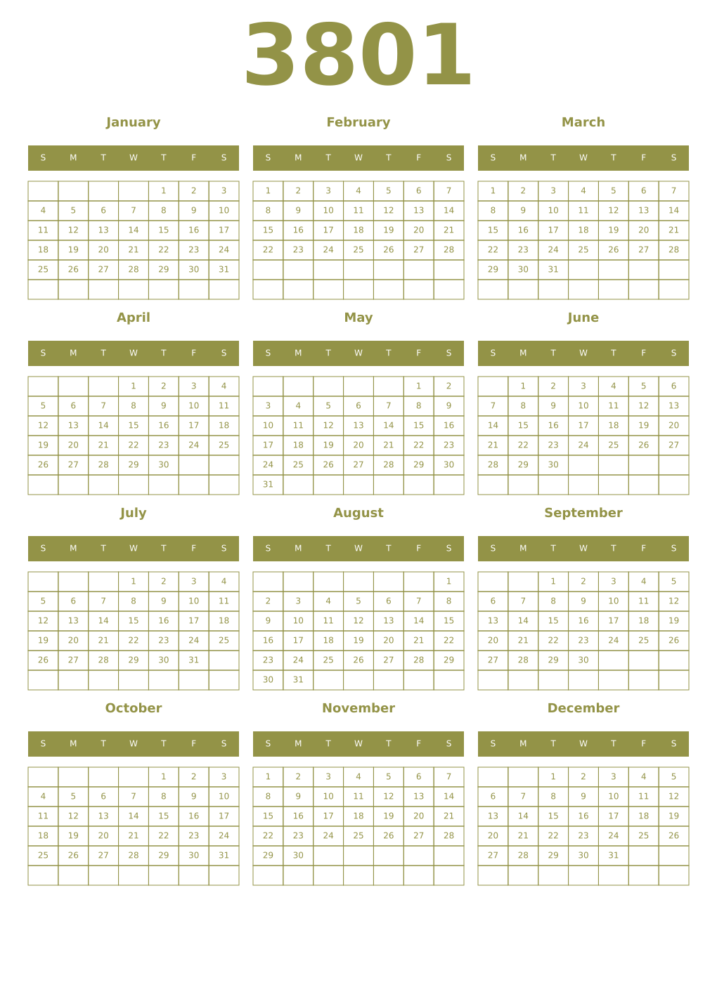 Printable 3801 Year Calendars eburnean