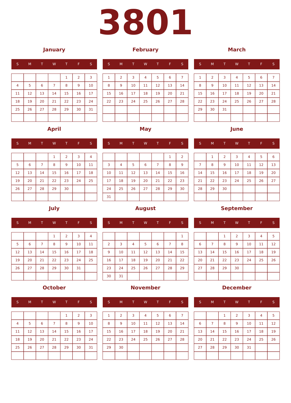 Printable 3801 Year Calendars falu