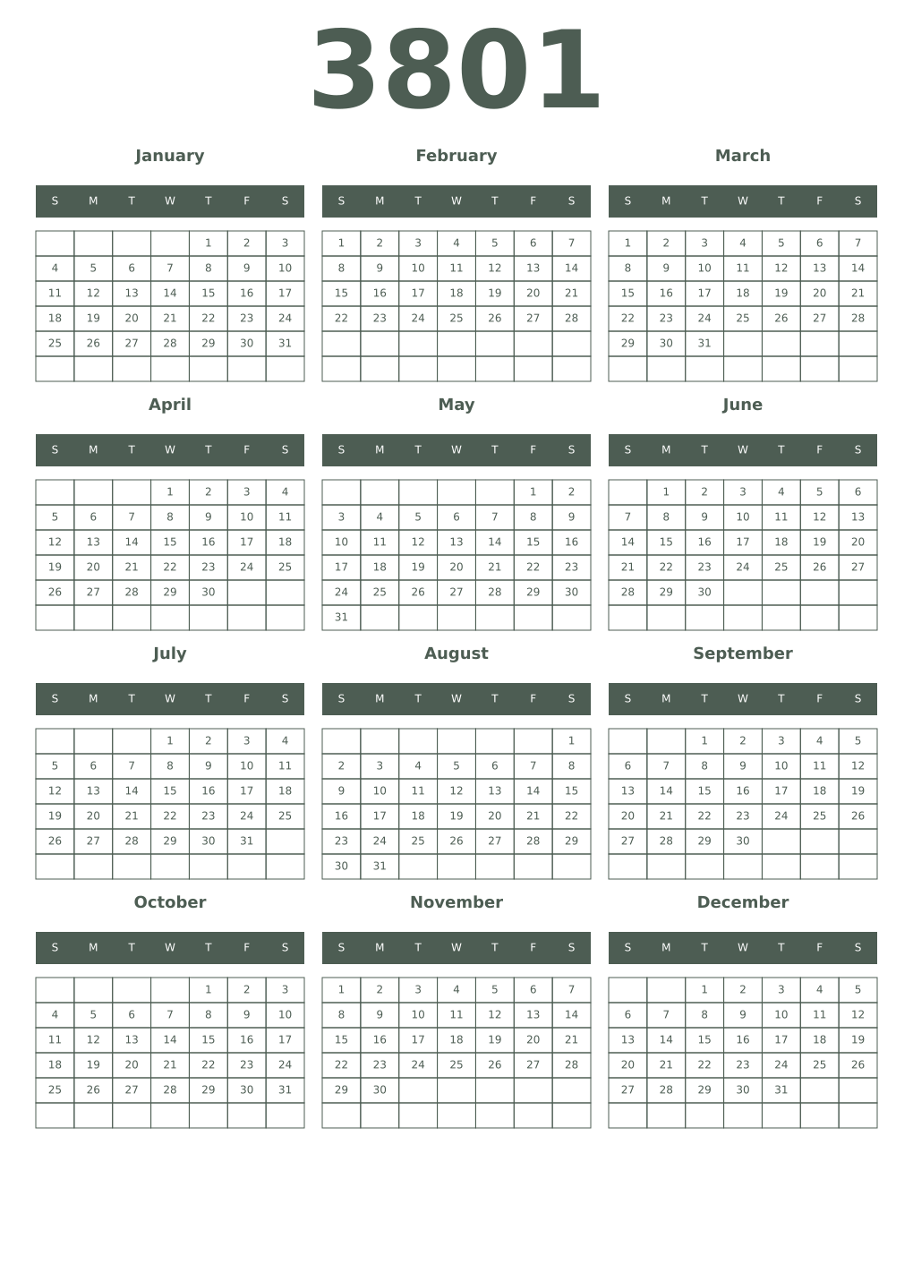 Printable 3801 Year Calendars feldgrau