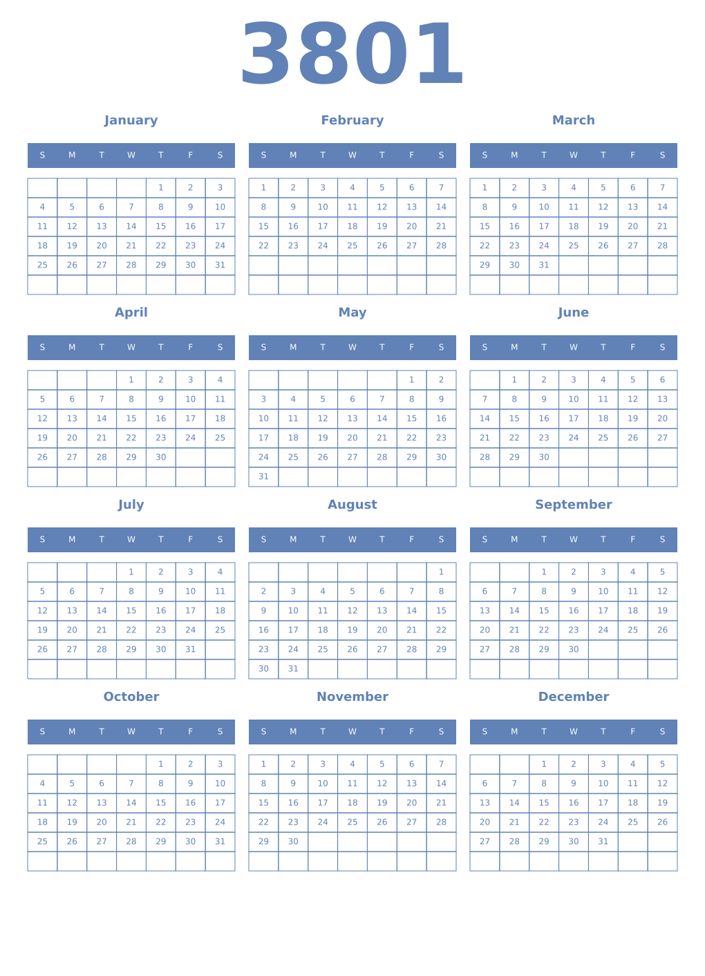 Printable 3801 Year Calendars glaucous