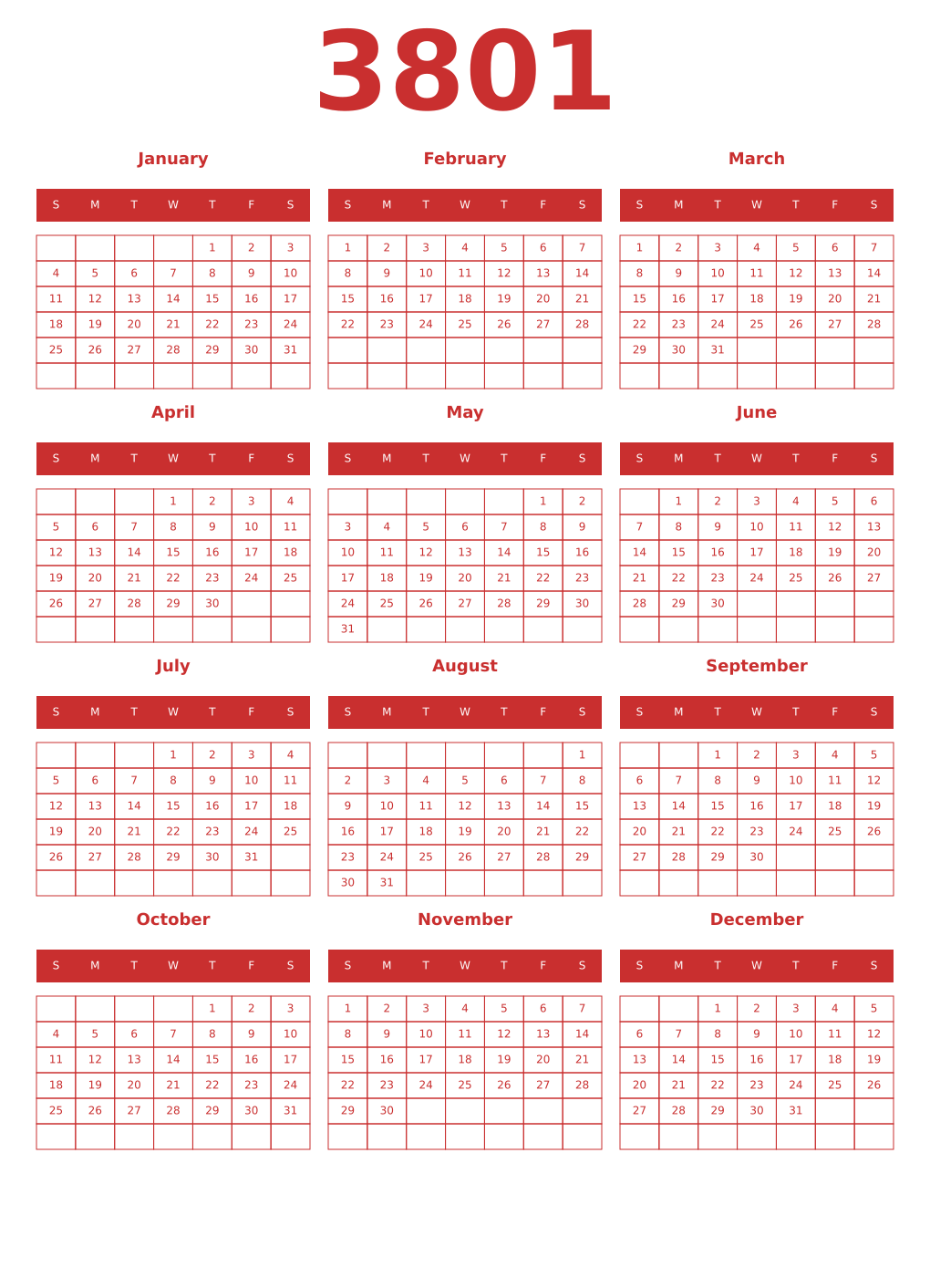 Printable 3801 Year Calendars red