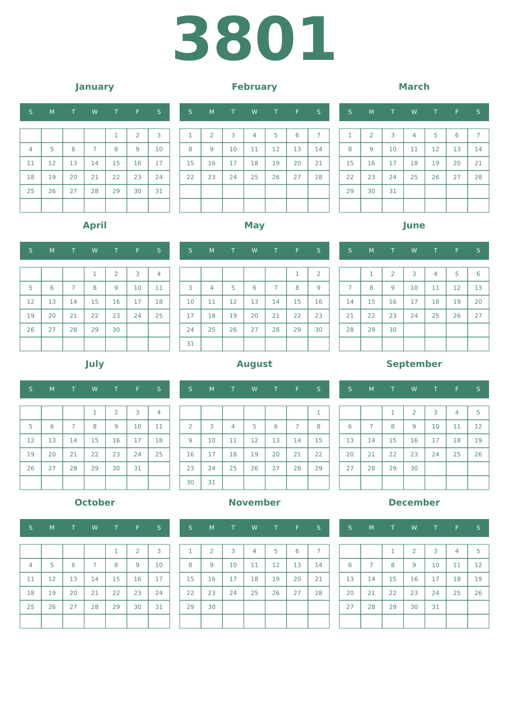Printable 3801 Year Calendars viridian