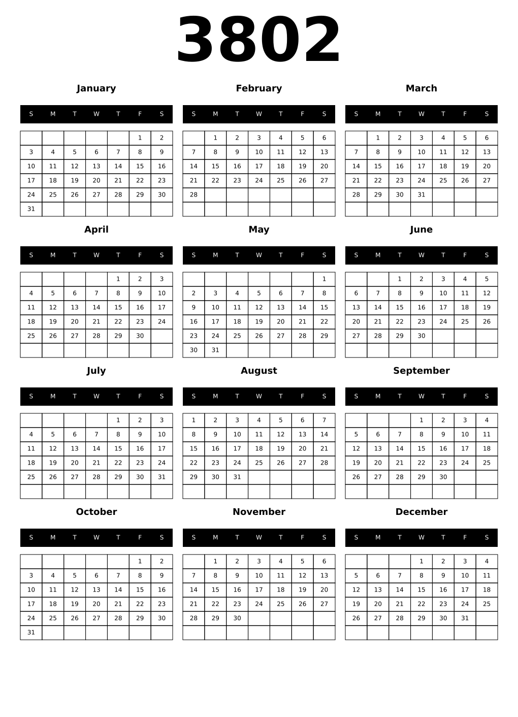 Printable 3802 Year Calendars black