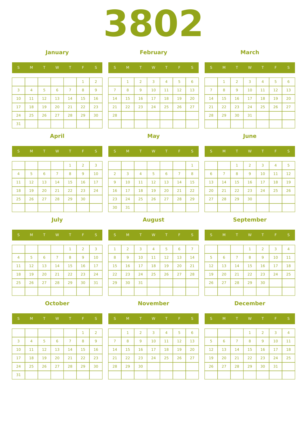 Printable 3802 Year Calendars chartreuse