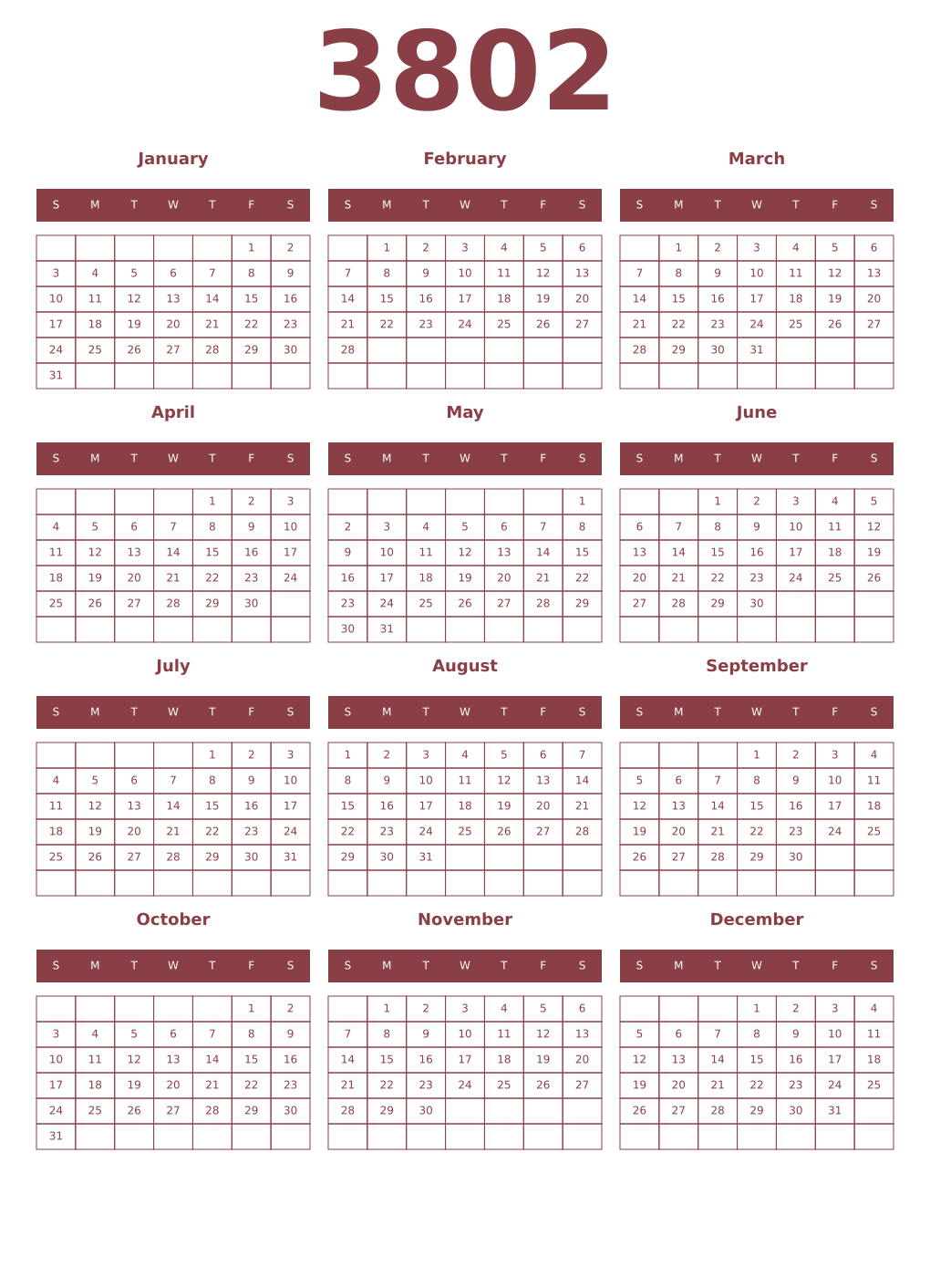Printable 3802 Year Calendars cordovan
