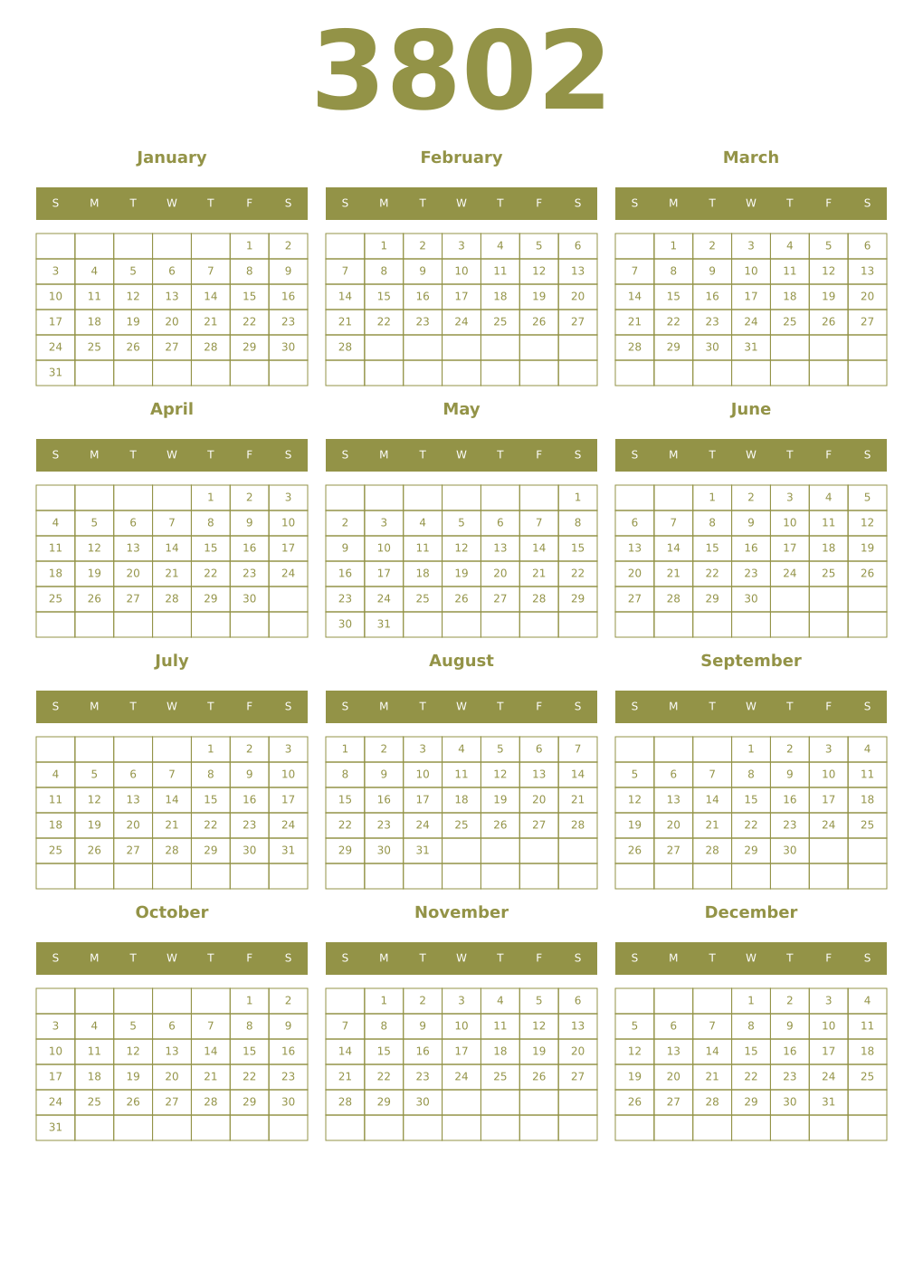 Printable 3802 Year Calendars eburnean