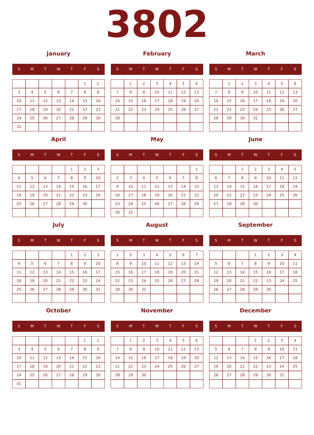 Printable 3802 Year Calendars falu