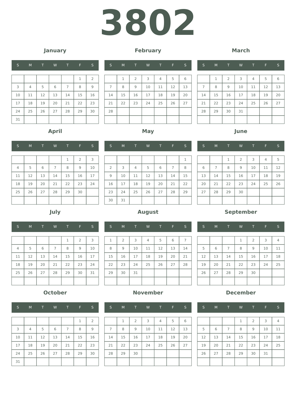 Printable 3802 Year Calendars feldgrau