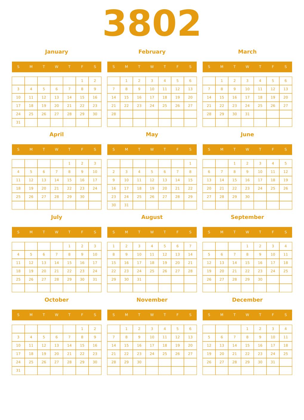 Printable 3802 Year Calendars gamboge