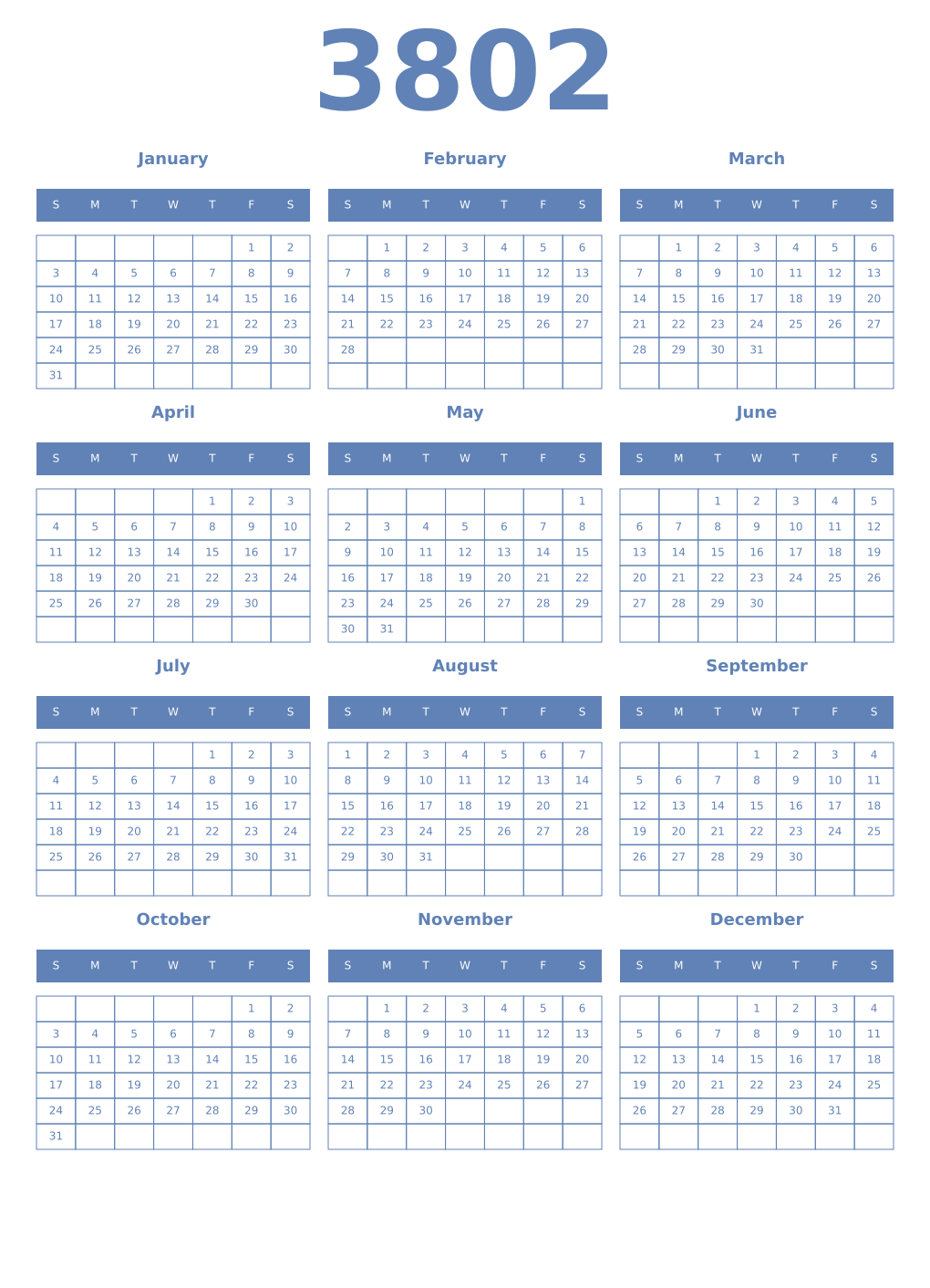 Printable 3802 Year Calendars glaucous