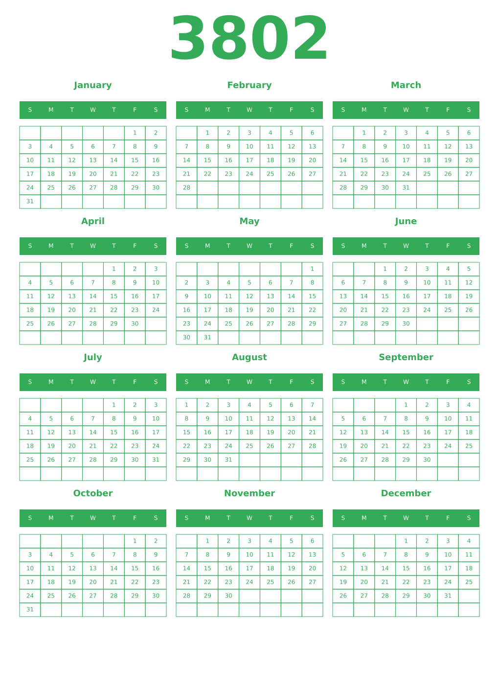 Printable 3802 Year Calendars green