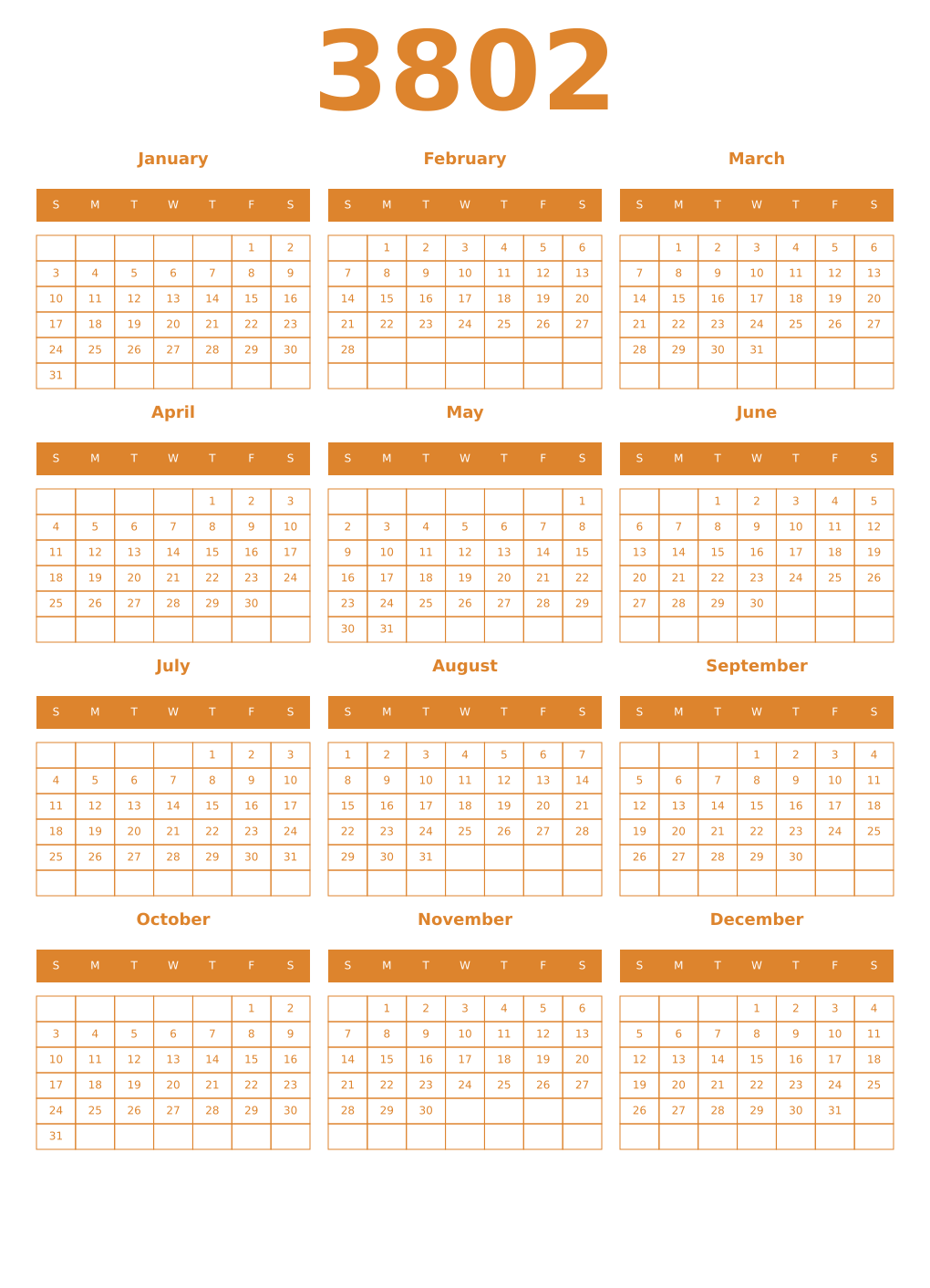 Printable 3802 Year Calendars orange