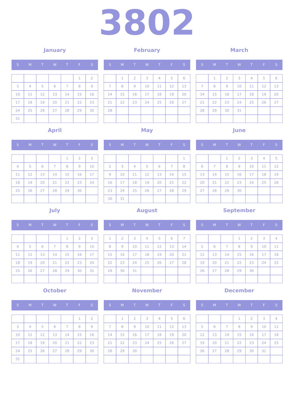 Printable 3802 Year Calendars periwinkle
