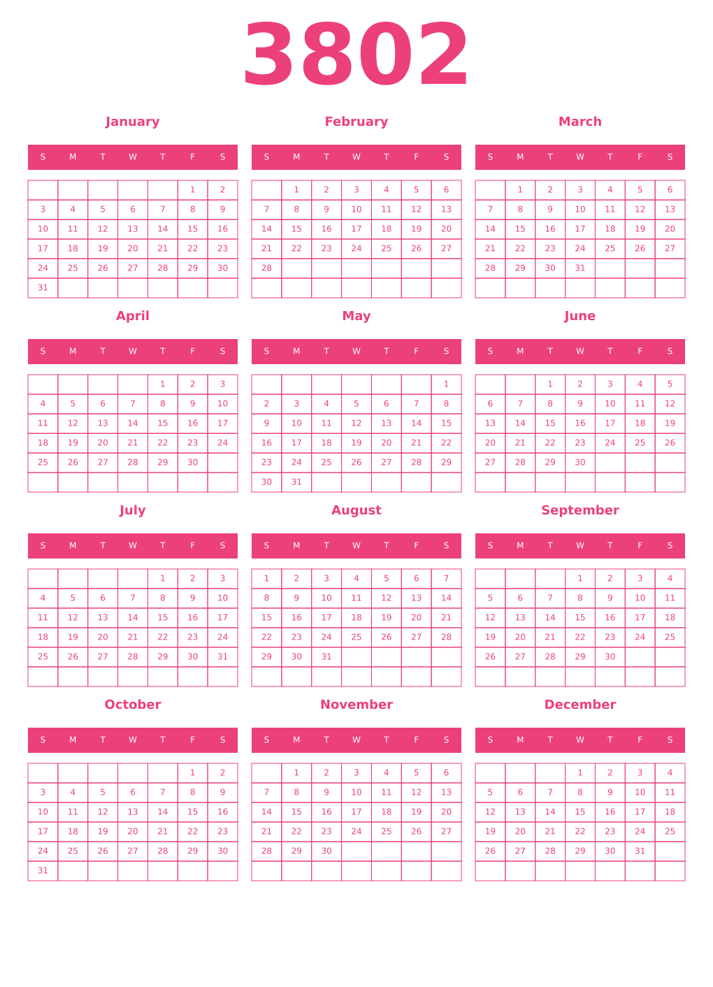 Printable 3802 Year Calendars pink