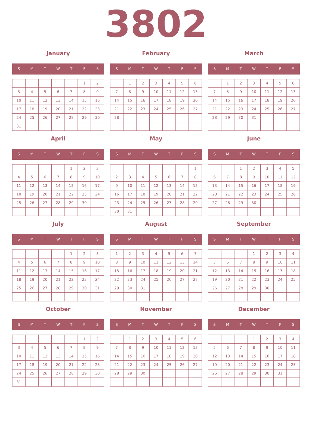 Printable 3802 Year Calendars puce