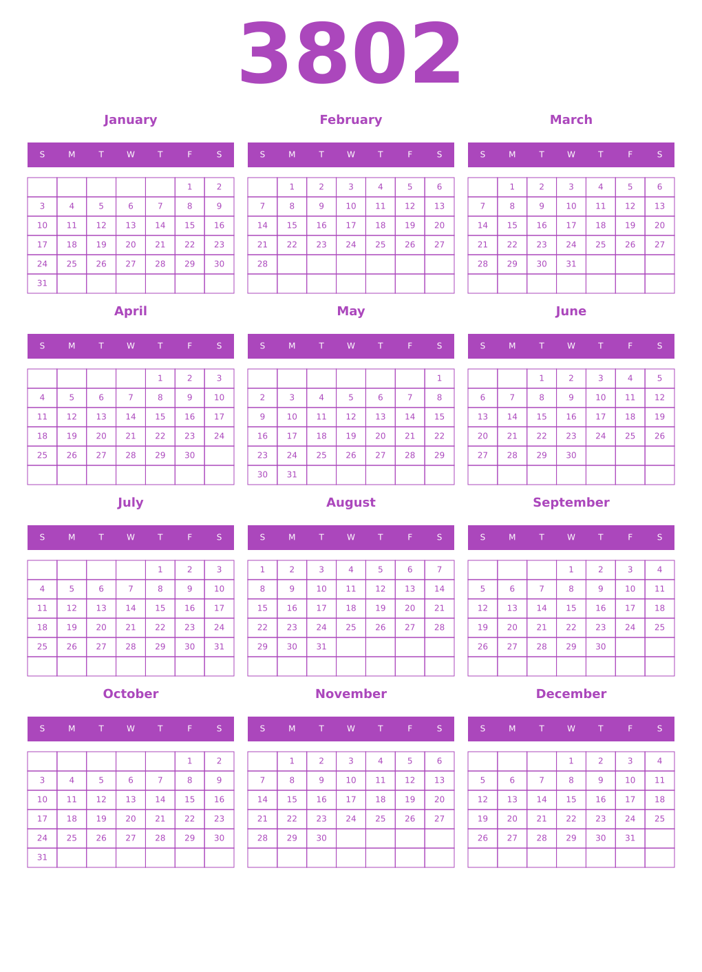Printable 3802 Year Calendars purple
