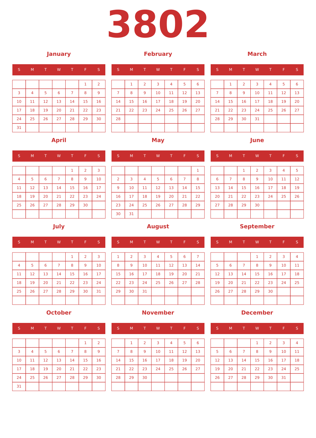 Printable 3802 Year Calendars red