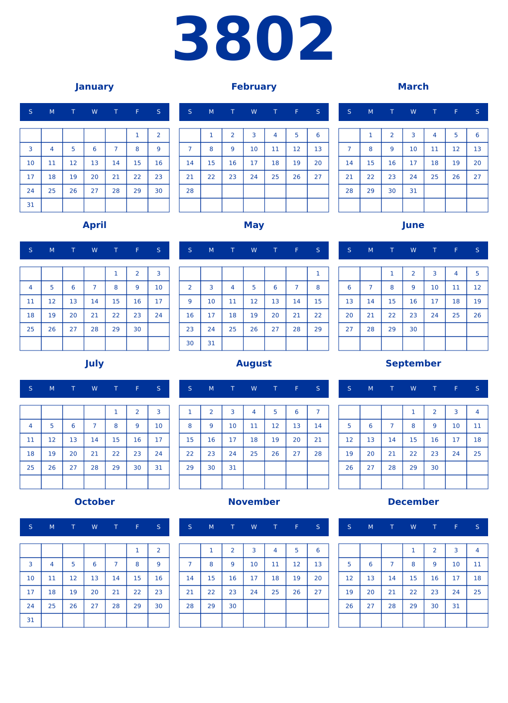 Printable 3802 Year Calendars smalt