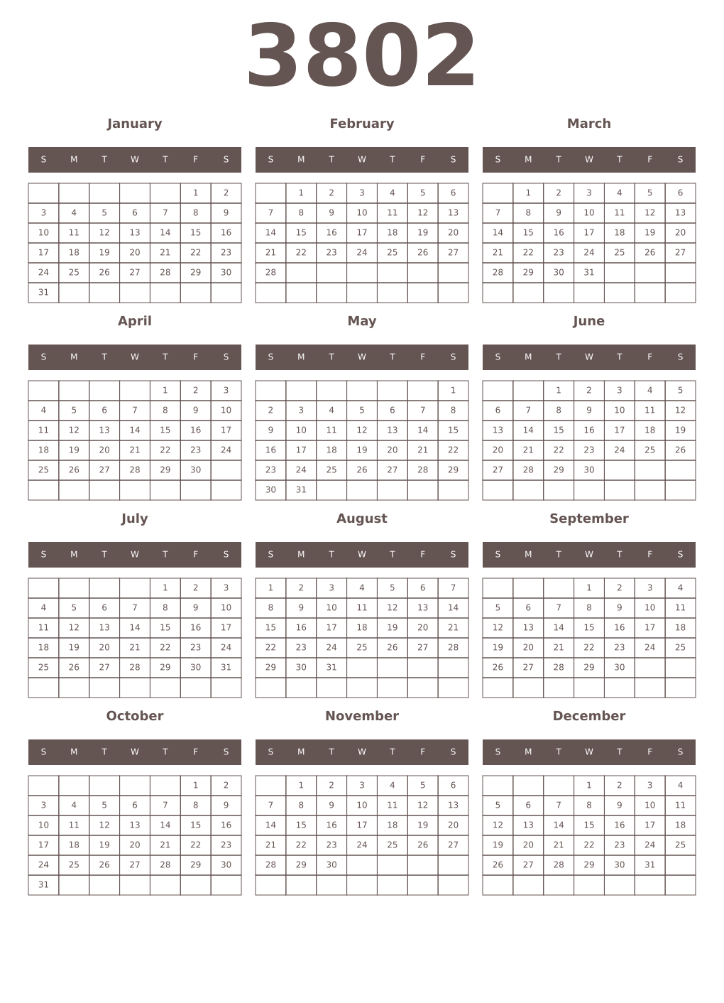 Printable 3802 Year Calendars wenge