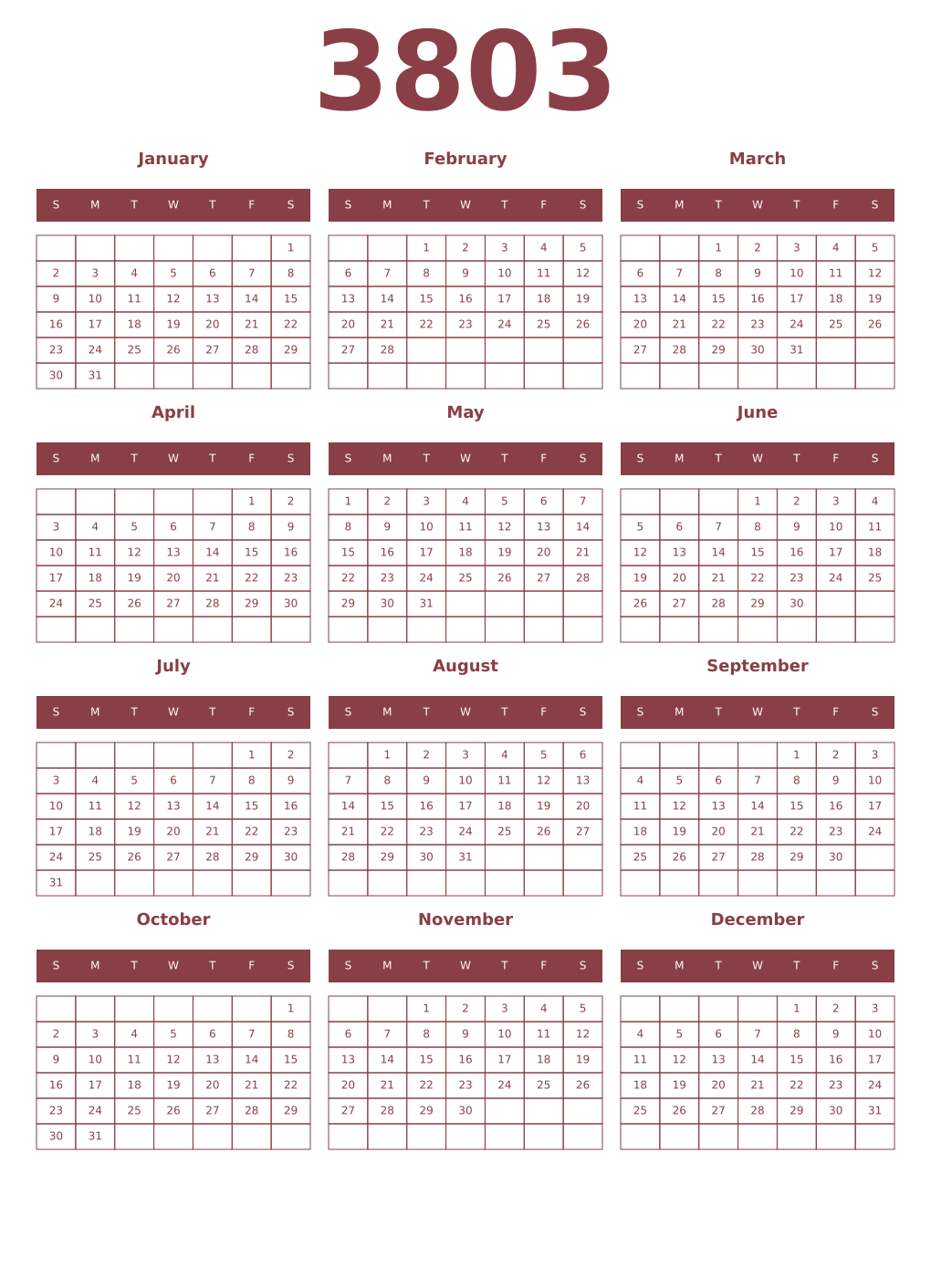 Printable 3803 Year Calendars cordovan