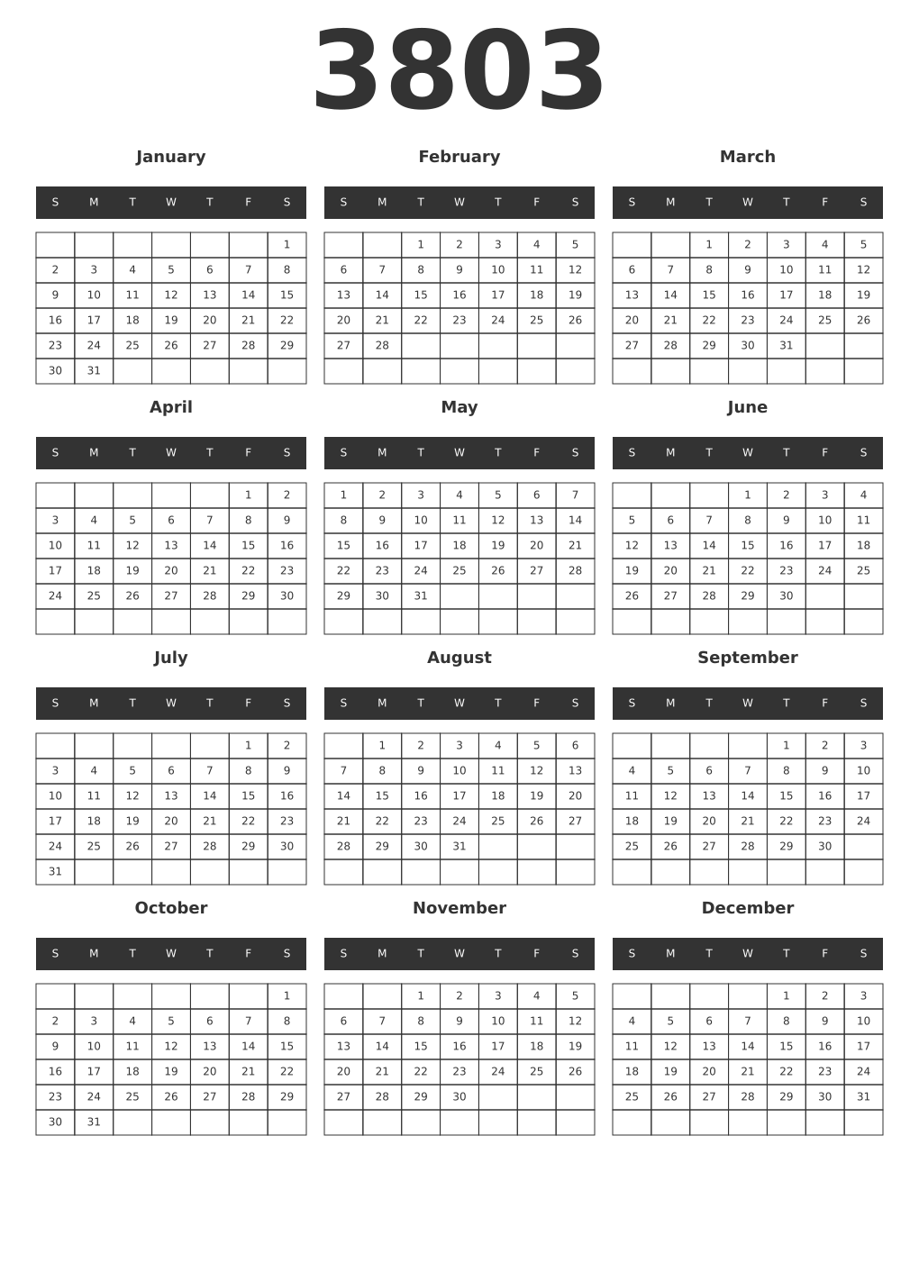 Printable 3803 Year Calendars dark