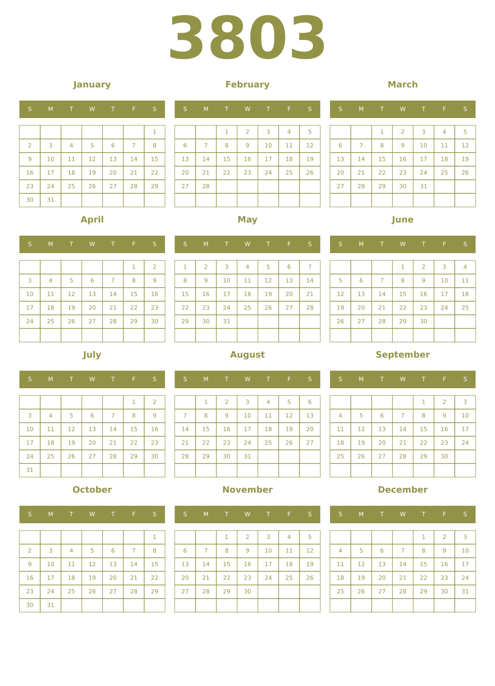 Printable 3803 Year Calendars eburnean