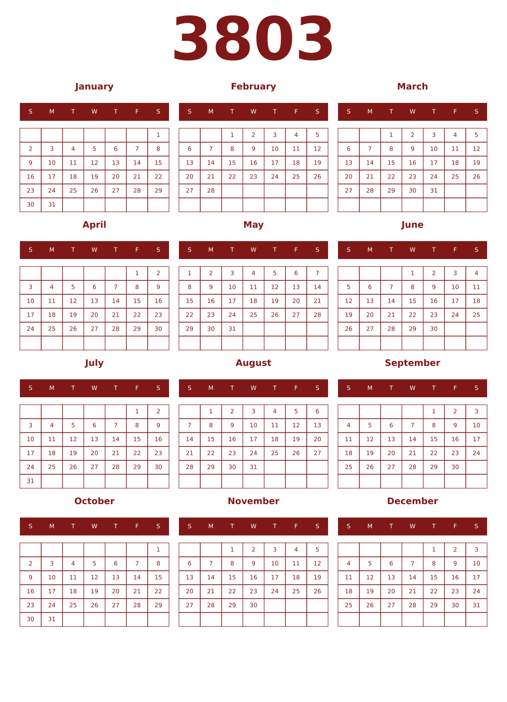 Printable 3803 Year Calendars falu