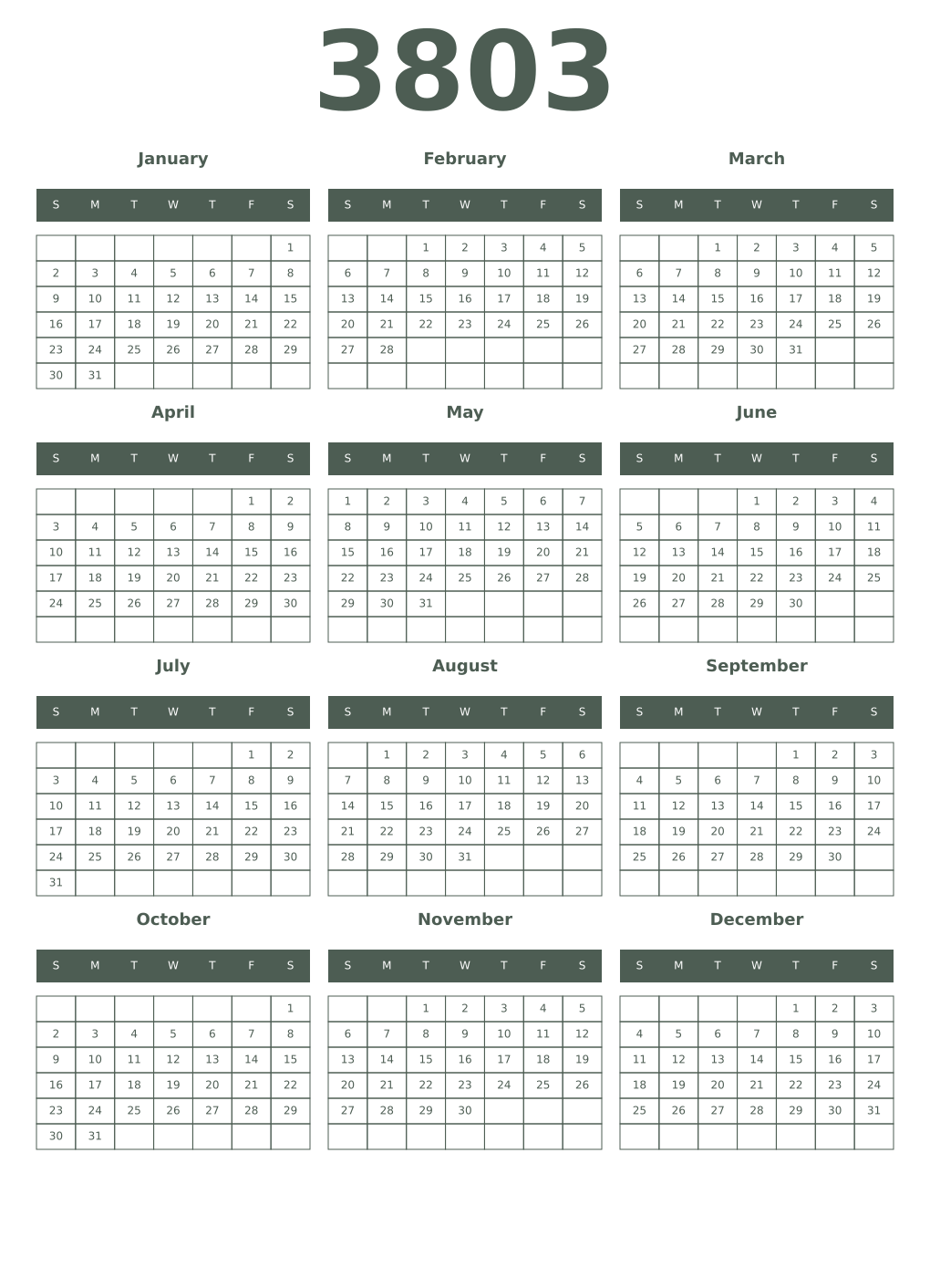 Printable 3803 Year Calendars feldgrau