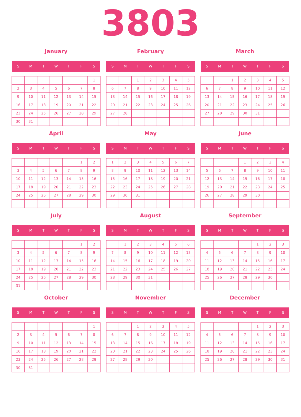 Printable 3803 Year Calendars pink